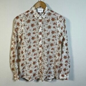 Sezane Floral Button Down Shirt Womens 34 White Cotton Silk Long Sleeve Blouse